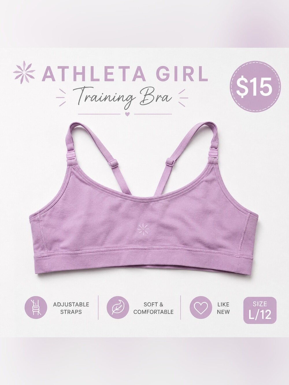 Athleta Girl Adjustable Seamless Training Bra Top Size L/12 Lavender Pink EUC